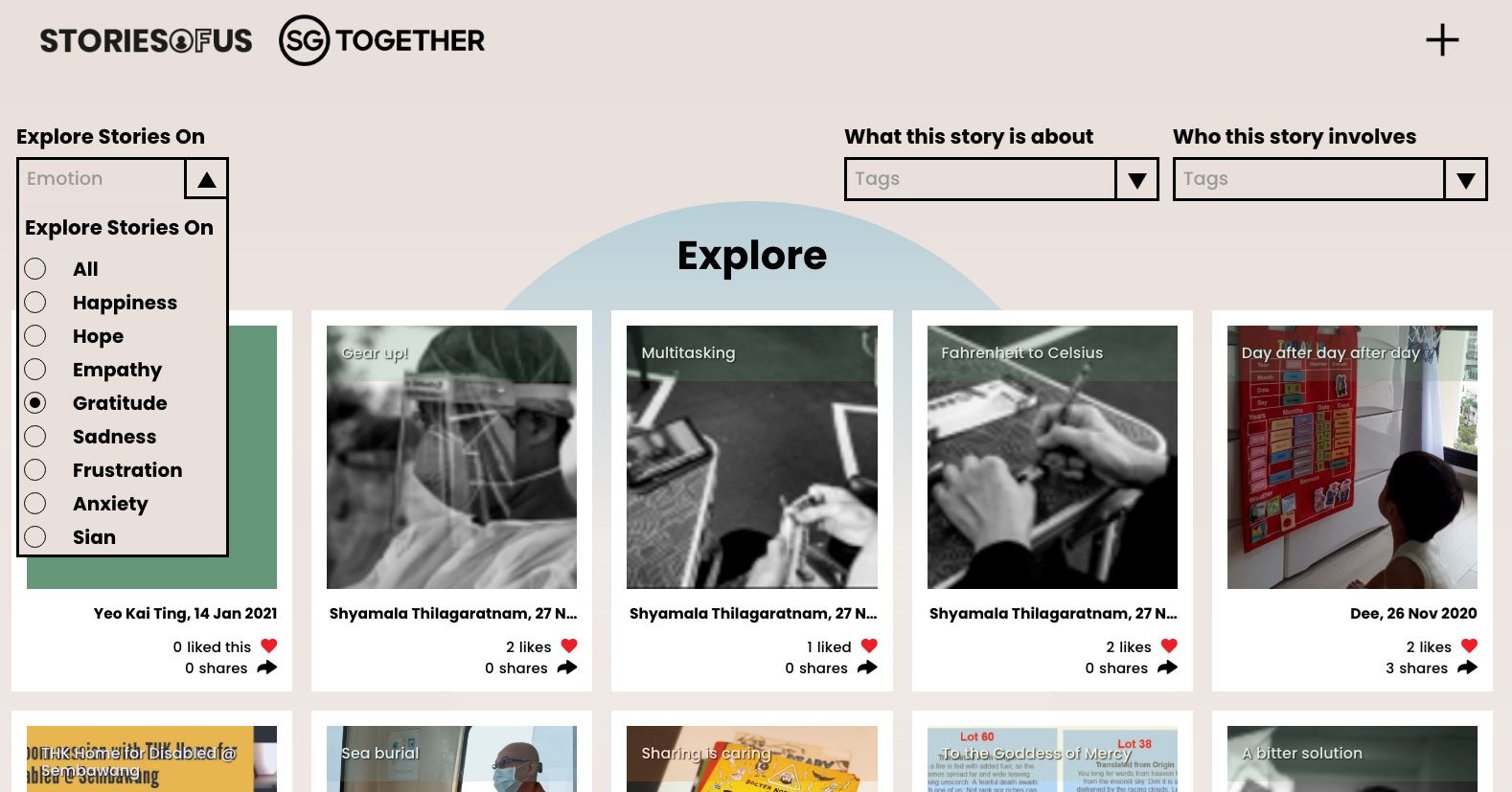 Screengrab 2: Visitors can explore stories by different tags, including emotions ranging from happiness to “sian”.