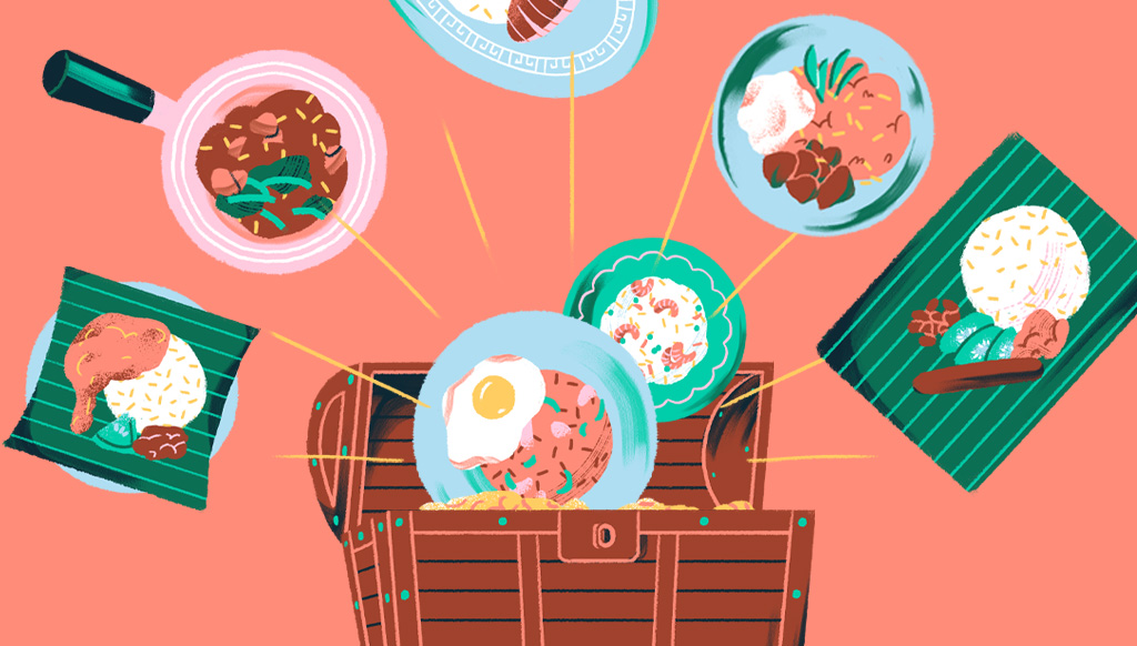 illustration of Singapore's melting pot of cultures with rice dishes