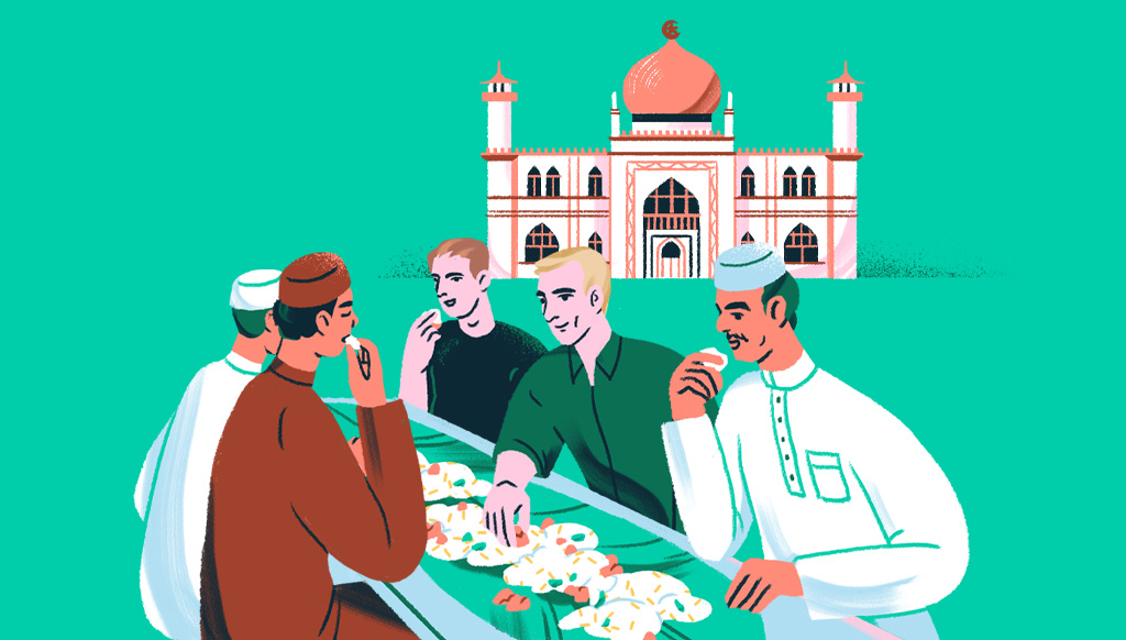Illustration of people of all cultures sharing a plate of rice
