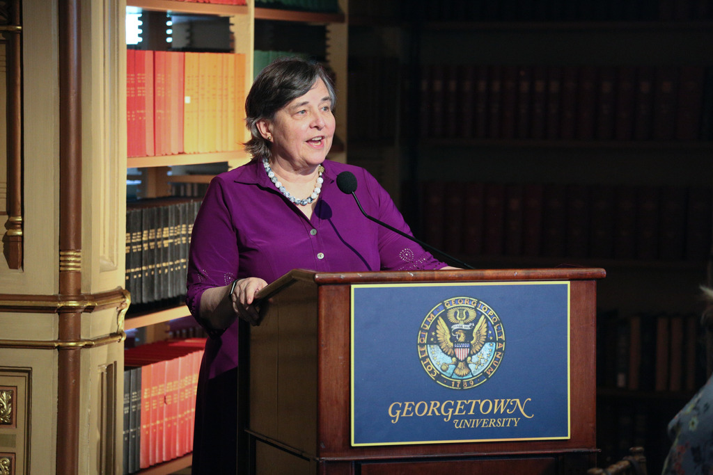 Katherine Marshall speaks at a panel at Georgetown University’s Riggs Library to discuss humanitarian access in conflict zones, with an emphasis on the role of faith-based actors.  Photo Credit: Georgetown University