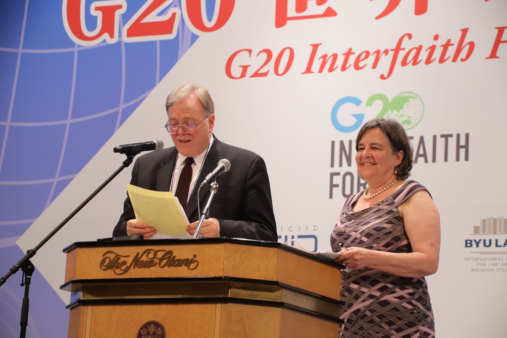 Katherine Marshall speaks at the 2019 G20 Interfaith Forum held in Japan. She currently serves as vice president of the G20 Interfaith Association. Photo Credit: Georgetown University