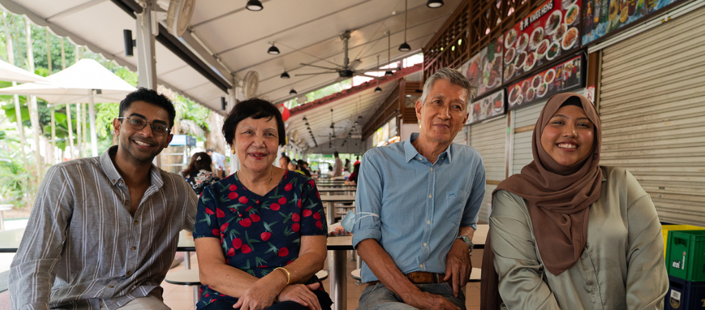 Joe, Jeevan, Syafiqa and Mary on racial harmony Joe, Jeevan, Syafiqa and Mary at a hawker centre