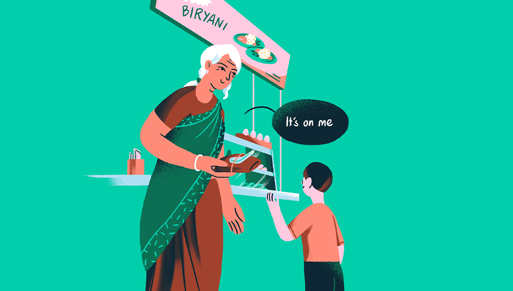 Illustration of a hawker stall auntie giving a young boy food