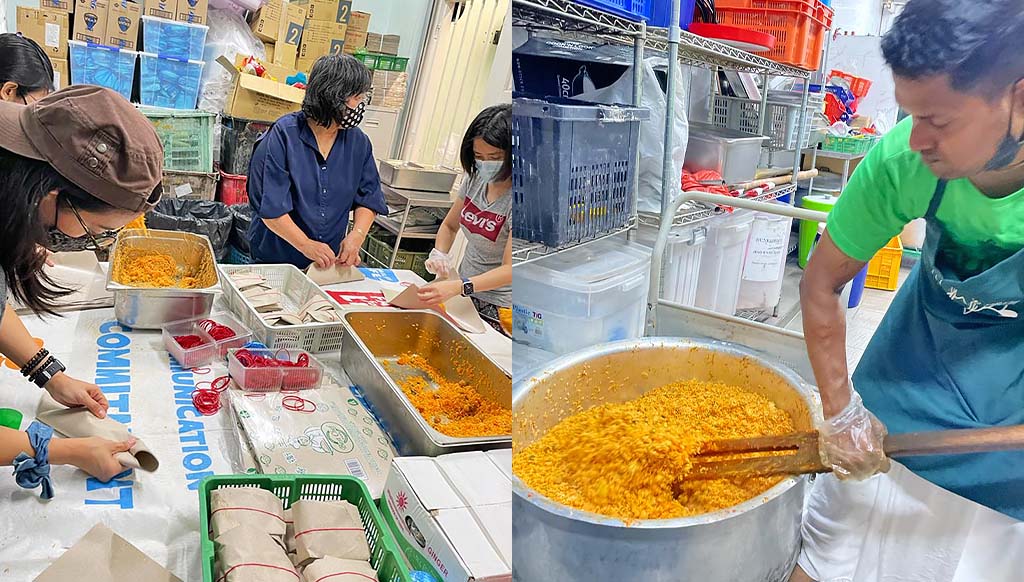 Krsna's Free Meals volunteers cooking rice 